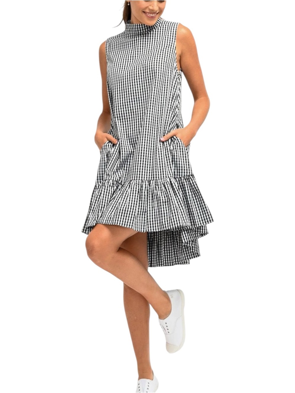 Wyatt Wylde Gingham Ida Dress Large Black White High-Low Ruffle Hem Sleeveless - Picture 14 of 14